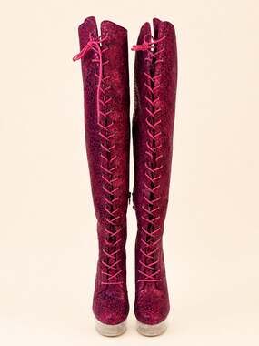 Bulls Purple Glitter Leopard Print OTK Clear Platform High Heel Thigh Boots